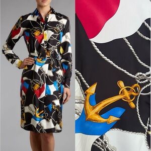 Ralph Lauren Silk Nautical Shirt Dress Anchor Print Coastal Preppy Chic Size 4P